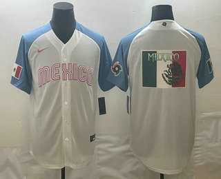 Men%27s Mexico Baseball 2023 White Blue World Big Logo Classic Stitched Jersey->2023 world baseball classic->MLB Jersey